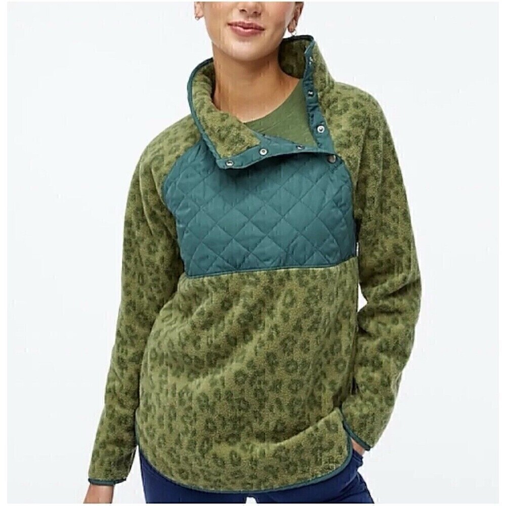 J Crew Quilted Button-Neck Sherpa Tunic Womens Medium Loden Green Leopard Print
